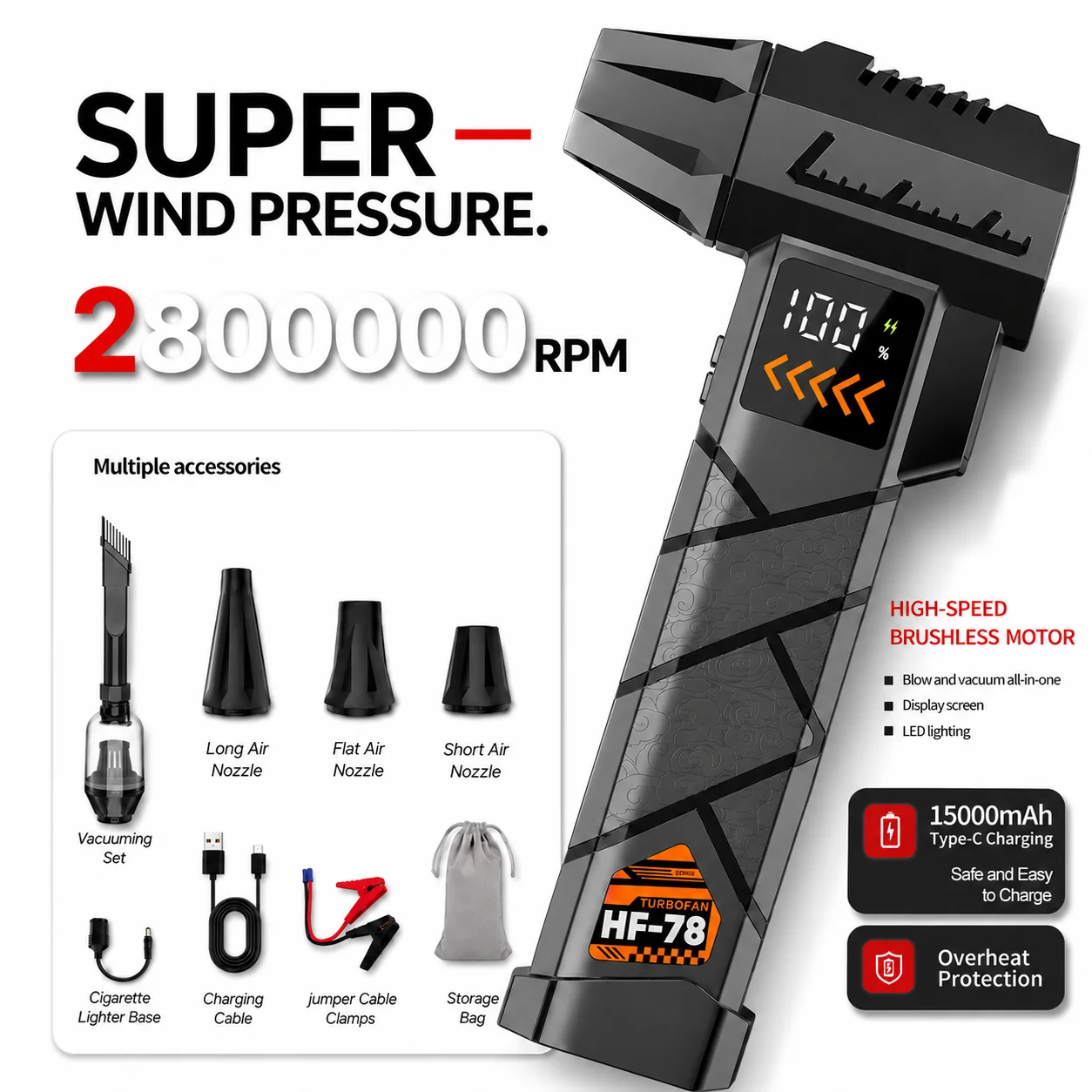 Dryer Car Blower - Süper Güçlü 2800000RPM Elektrikli Jet Üfleyici